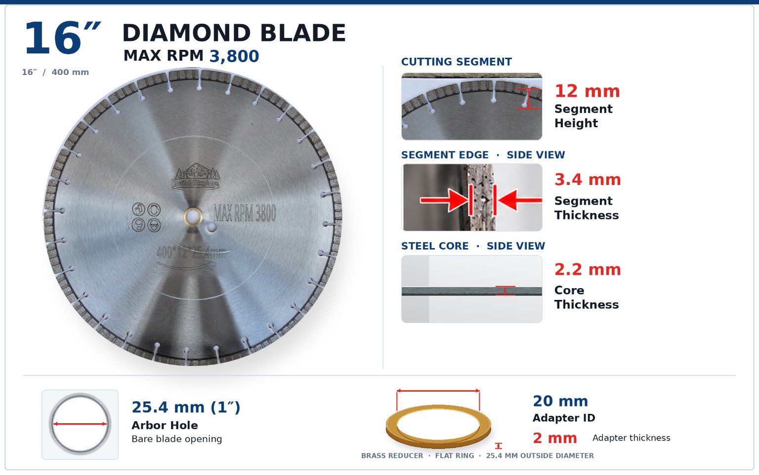 BuildNExplore 16-inch diamond blade with turbo segments, 12 mm segment height, 3.4 mm segment thickness, 2.2 mm steel core, 25.4 mm arbor and brass 20 mm reducer, max 3,800 RPM